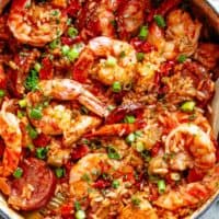 An authentic Creole Jambalaya recipe! A delicious one-pot meal coming to you from New Orleans is pure comfort food filled to the brim with chicken, shrimp, andouille sausage, rice, seasonings, spices and incredible flavours! Ready and on the table in 45 minutes! | cafedelites.com