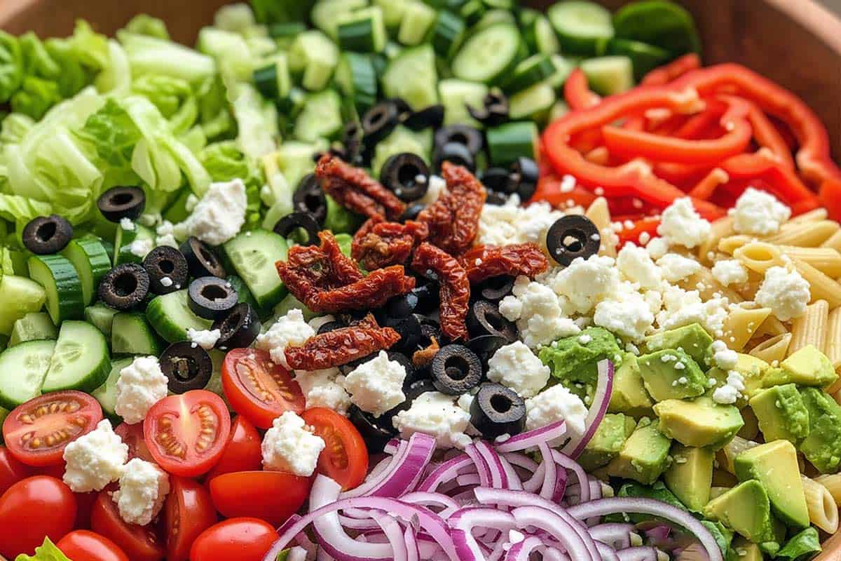 Lettuce, cucumber, avocado, red pepper, tomatoes, onion, olives, sun-dried tomatoes, and feta in the bowl with pasta.