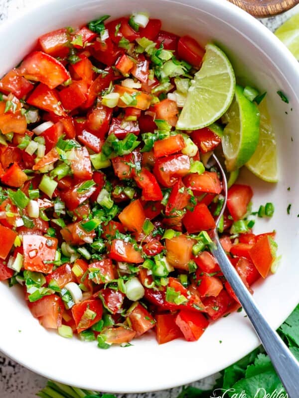 Pico De Gallo is a super easy to make fresh tomato salsa you can serve with anything! From tortilla chips to tacos, enchiladas or Carne Asada