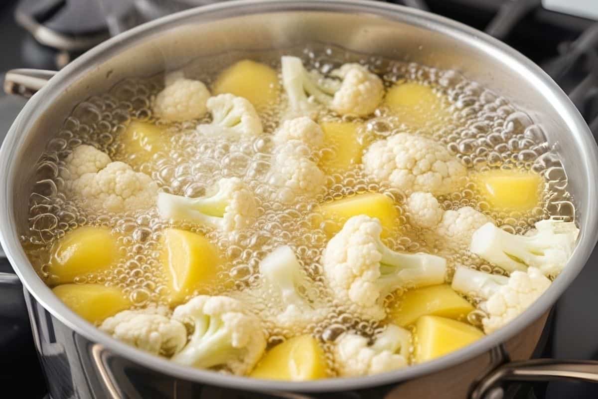 boil the potatoes and cauliflower in in salted water in a pot