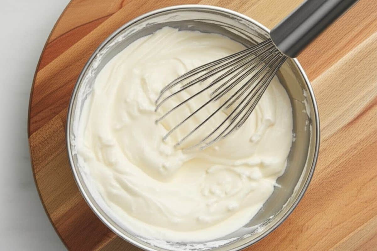 in a separate bowl, whisk together mayonnaise, sour cream, white vinegar, dijon mustard, salt, pepper, and dill