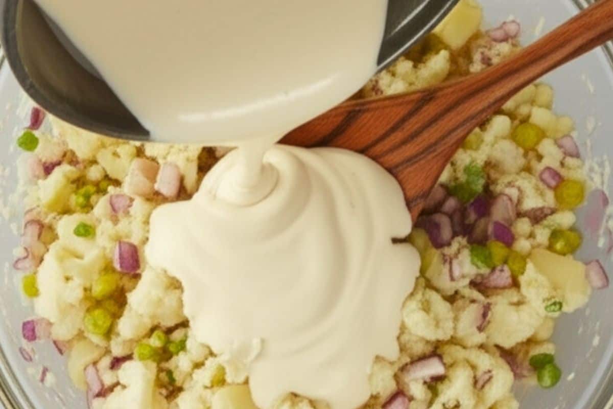 pour the dressing over the potato mixture