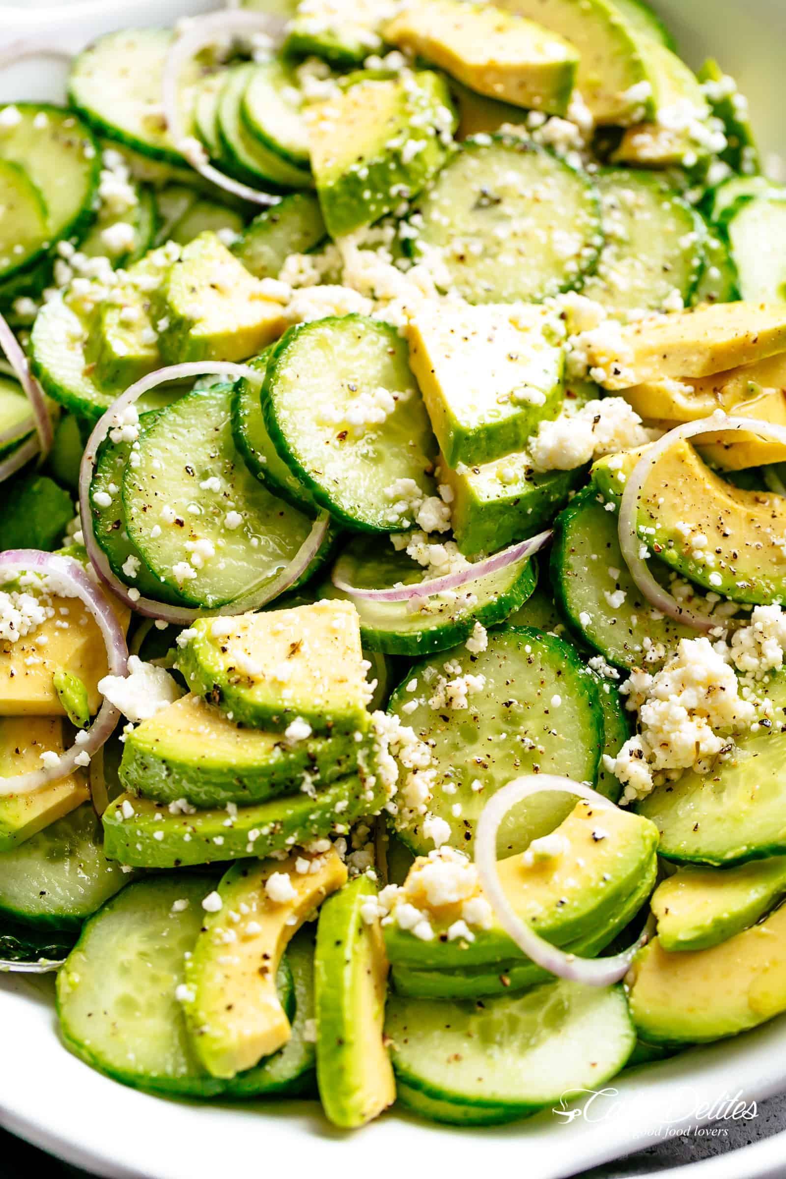 Avocado Feta Cucumber Salad with a delicious Greek inspired salad dressing or vinaigrette! | cafedelites.com