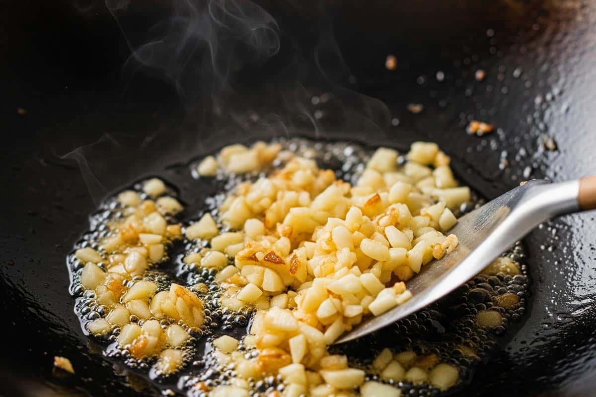 Stir-frying the garlic in a wok.