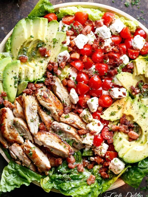 Lemon Herb Avocado Chicken Salad Recipe with crispy bacon & creamy feta cheese