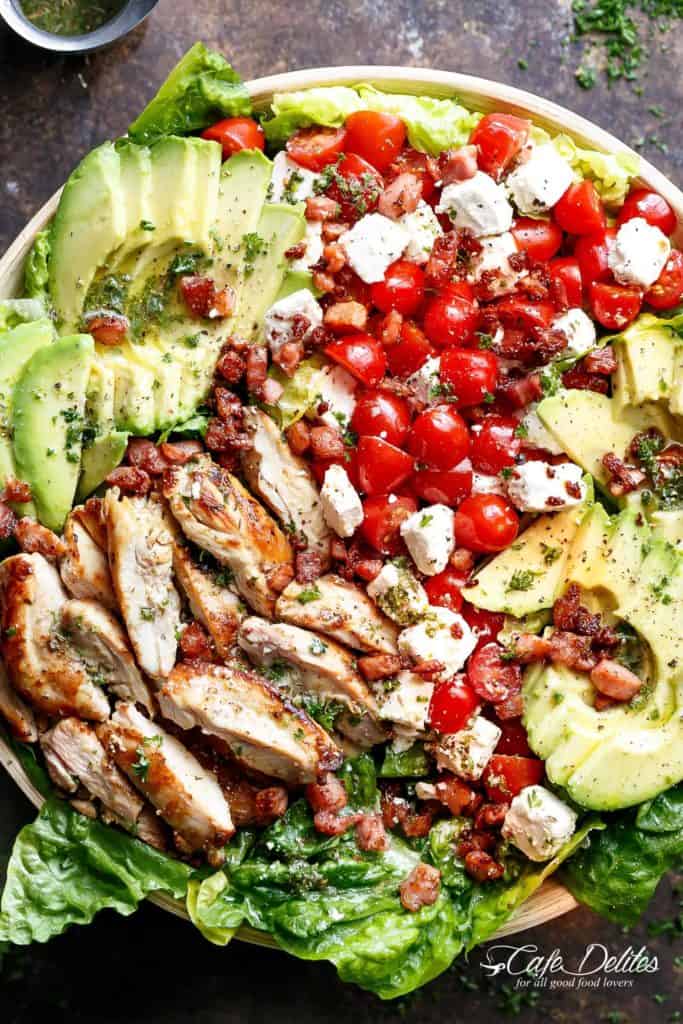 Lemon Herb Avocado Chicken Salad Recipe with crispy bacon & creamy feta cheese