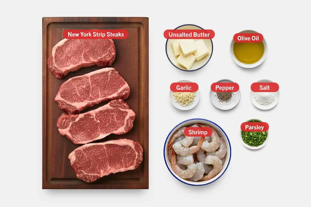 Top shot of ingredients: New York Strip Steaks, unsalted butter, olive oil, garlic, pepper, salt, shrimp, and parsley.