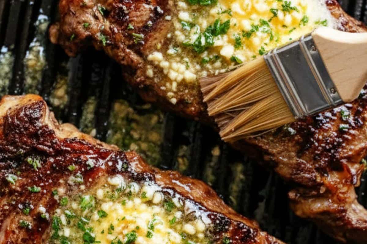 Spreading the garlic butter over the steak using a brush.