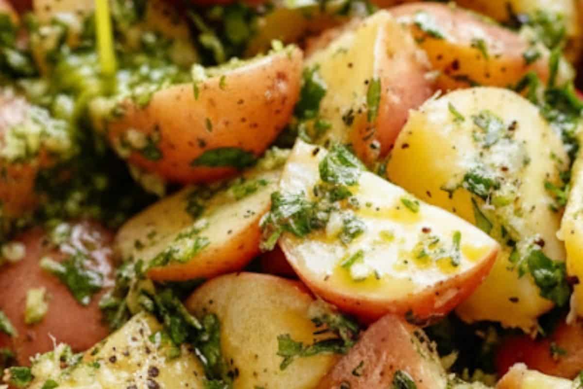 Transfer the cooled potatoes to a large serving bowl. Pour the prepared dressing evenly over the top.