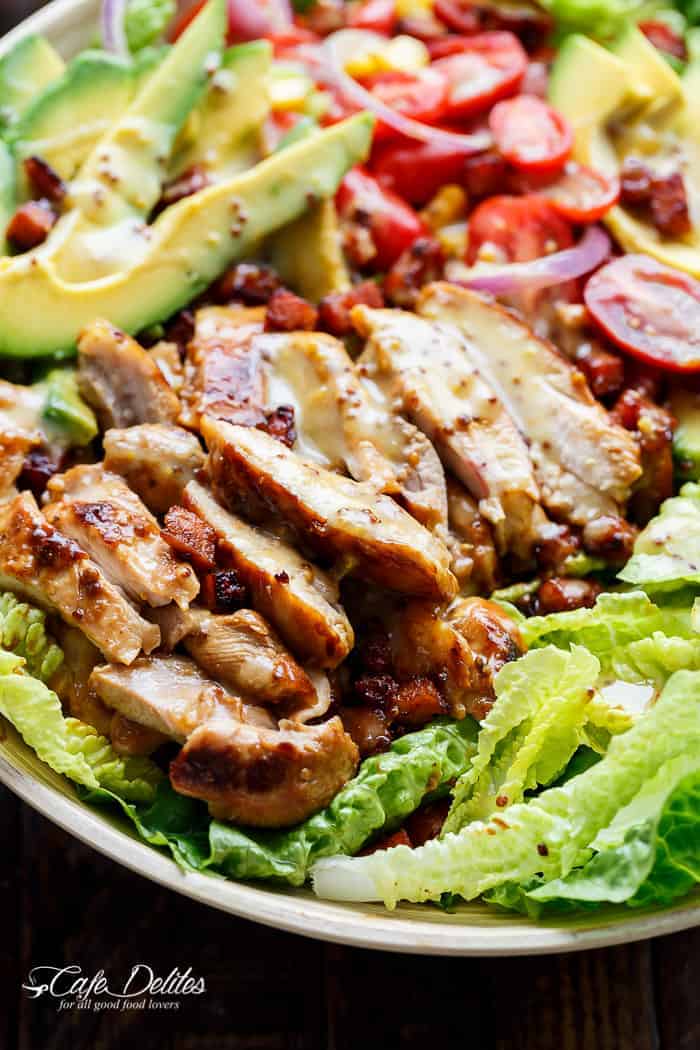 Honey Mustard Chicken Salad With Bacon, Avocado and a crazy good 5 ingredient dressing that doubles as a marinade! A popular reader favourite, this Honey Mustard Chicken Salad has been remade all over the world time and time again! A salad that’s a meal in itself, this is THE ultimate in chicken salad recipes. | cafedelites.com