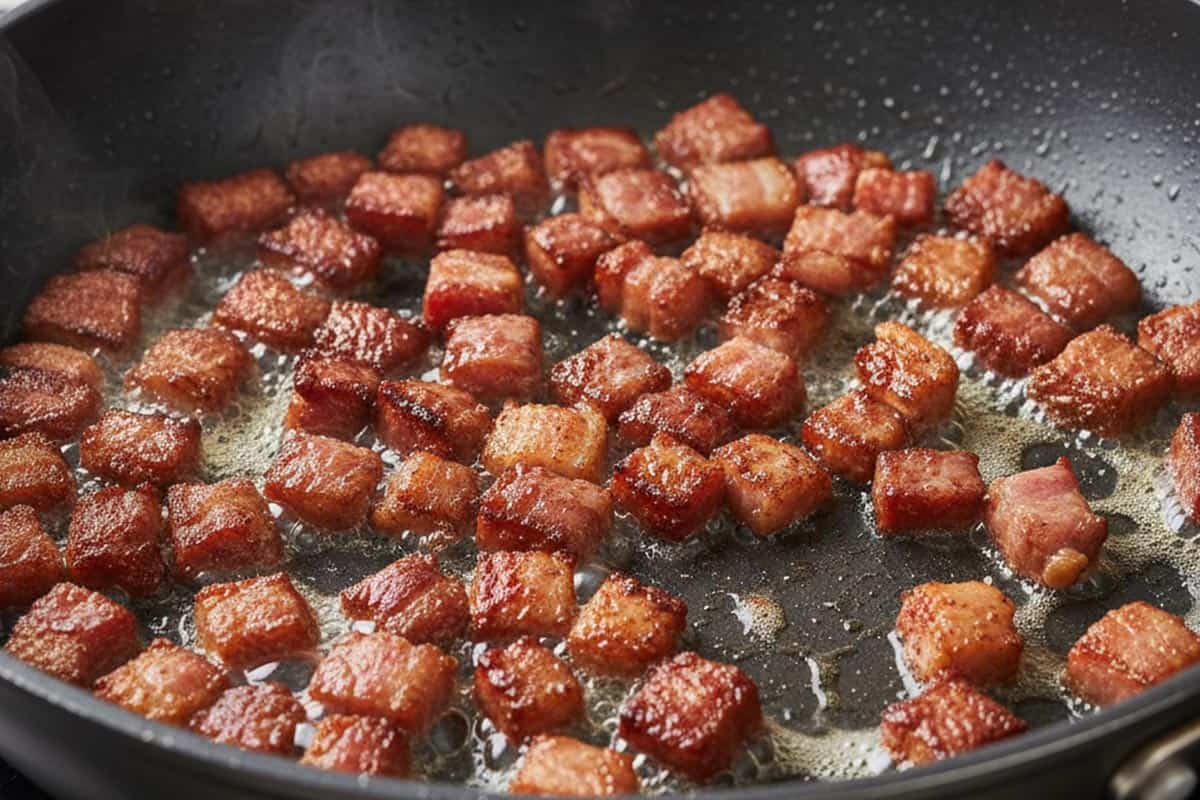Frying the diced bacon until crispy.