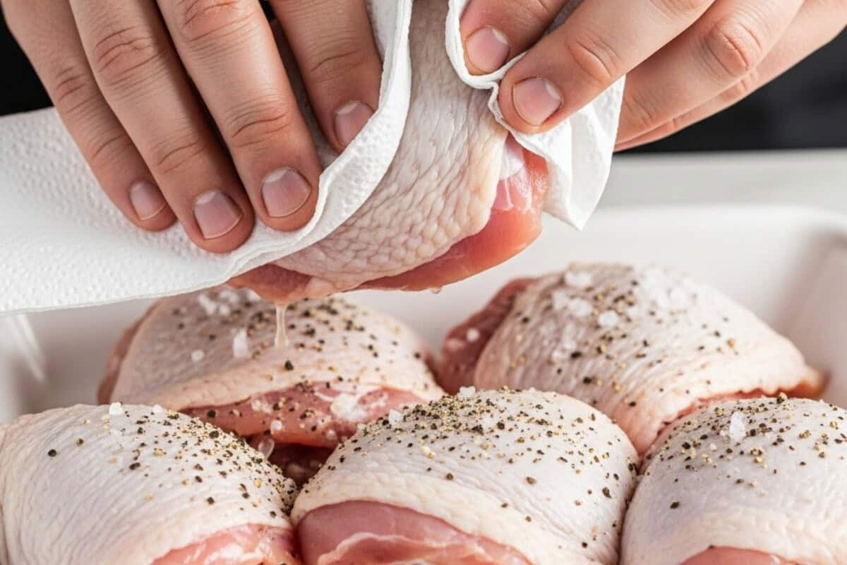 Pat the chicken things and dry with paper towel. Season the chicken thighs with salt and pepper.