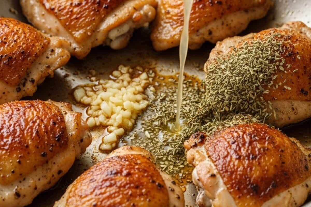 Push the chicken on the side and sauté garlic in the pan. Pour in the chicken stock and lemon juice and mix in oregano and thyme.