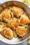 Roast Lemon Chicken thighs with crispy skin pan, seared then oven baked for tender and juicy chicken full of flavour! Your new favourite chicken recipe is here! With a kick of garlic and a touch of herbs, simple to make with minimal ingredients and maximum flavour! | cafedelites.com