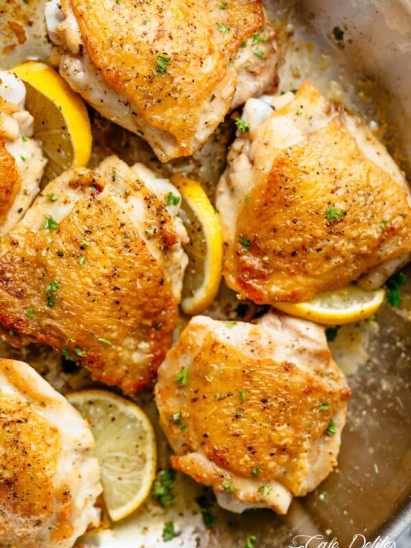Roasted Lemon Chicken thighs with crispy skin pan, seared then oven baked for tender and juicy chicken full of flavour!