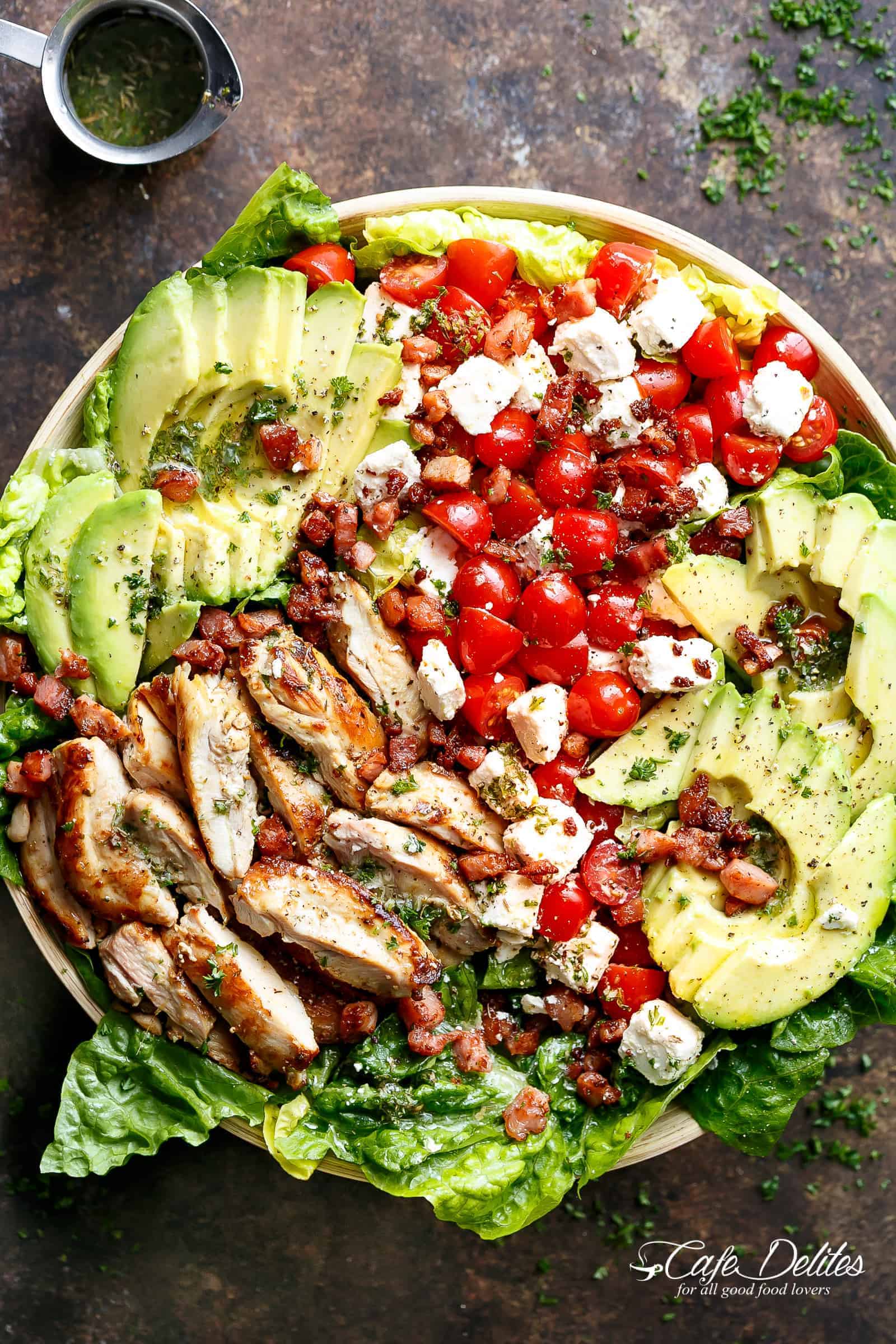 Lemon Herb Avocado Chicken Salad Recipe with crispy bacon & creamy feta cheese with a dressing that doubles as a marinade! | cafedelites.com