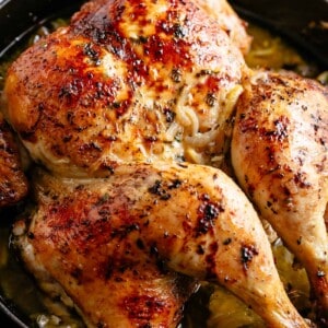 Tender and juicy Lemon Garlic Roast Chicken with crispy, rich and flavorful skin, so much flavor and easy to find ingredients! Garlic, onions, lemons, olive oil, fresh herbs and a splash of white wine (optional) make this one amazing roast chicken recipe! You'll be so surprised at how moist the meat is!