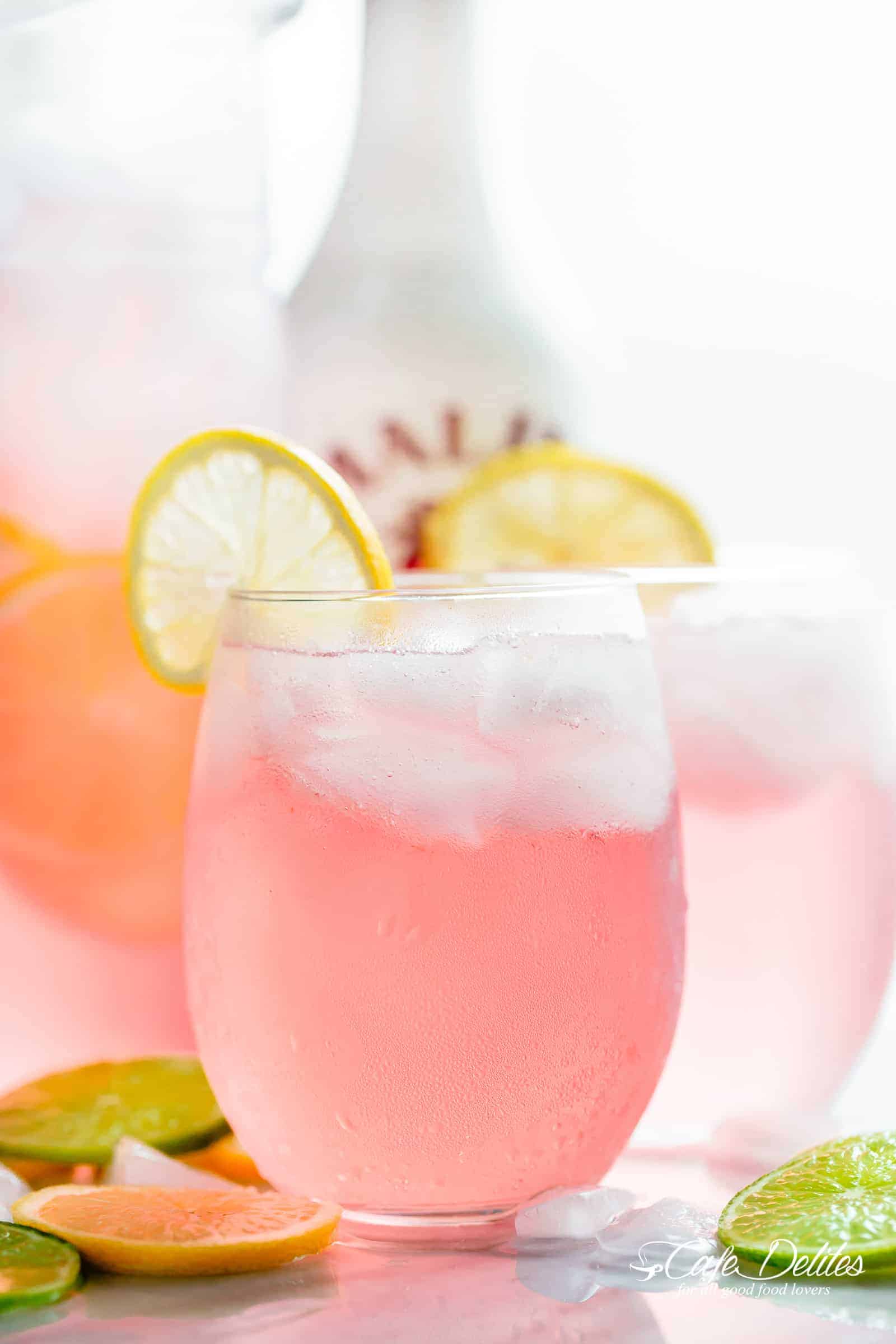 Pink Vodka Lemonade Punch or Cocktail with a splash of Malibu and lime juice to get your p Pink Vodka Lemonade (Pitcher )