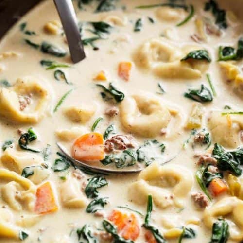 A ladle being plunged from a large pot of tortellini and vegetable soup.