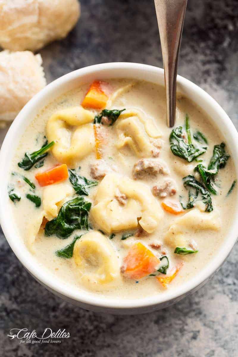 Tortellini Soup is pure comfort food, loaded with vegetables, Italian sausage and cheese tortellini! NO flour and NO heavy cream! | https://cafedelites.com