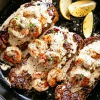 Steak And Creamy Garlic Shrimp is a fast and easy to make gourmet steak dinner! | cafedelites.com
