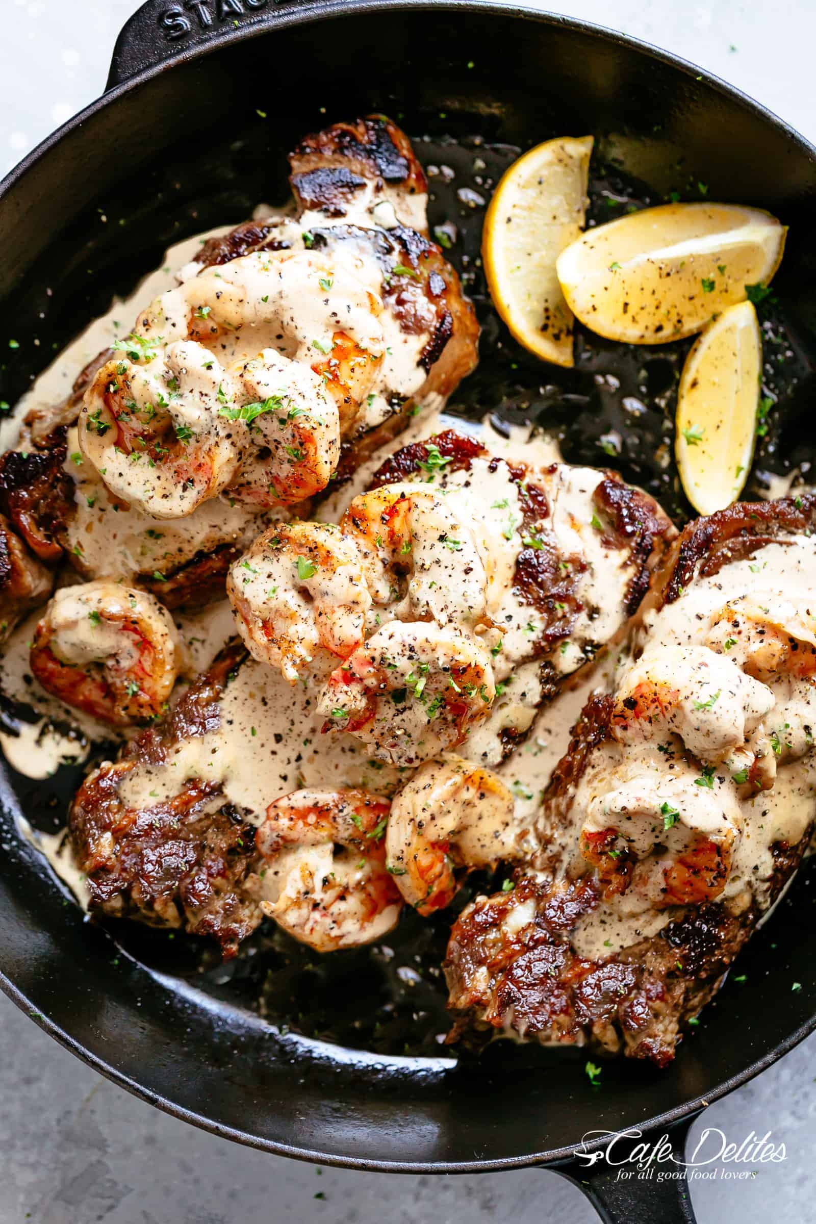 Steak With Creamy Garlic Shrimp