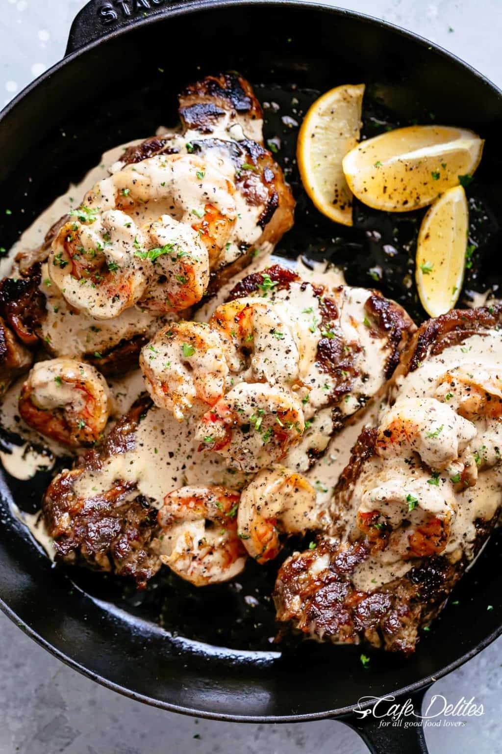 Steak And Creamy Garlic Shrimp (Surf and Turf) - Cafe Delites