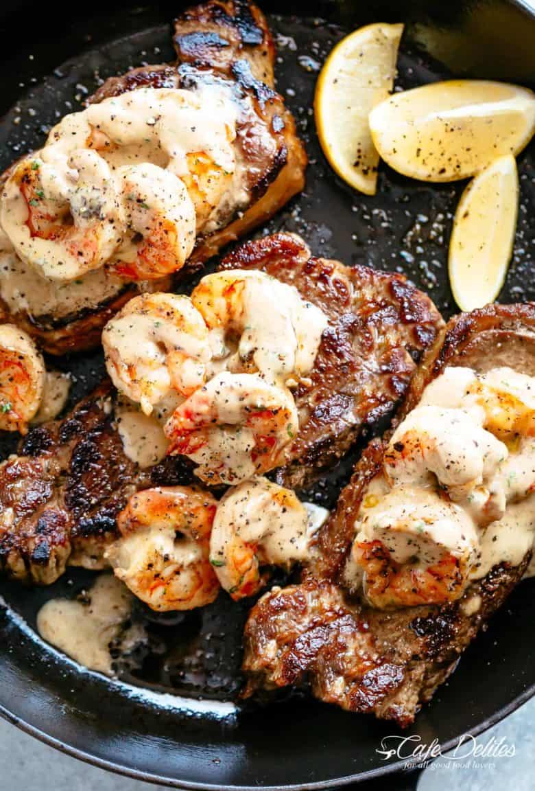 Steak And Creamy Garlic Shrimp is a fast and easy to make gourmet steak dinner! | cafedelites.com