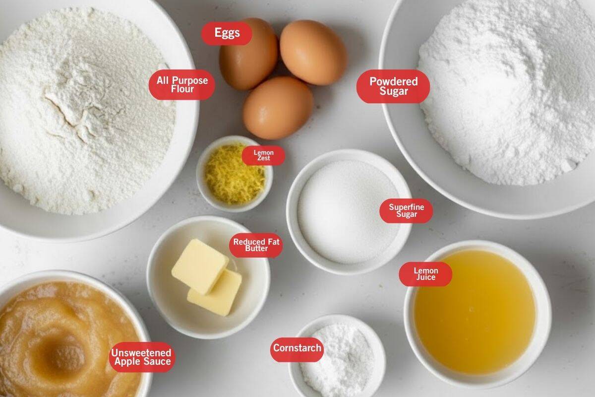Flat lay photo of ingredient shot of all purpose flour, eggs, powdered sugar, lemon zest. superfine sugar, lemon juice, cornstarch, unsweetened apple sauce