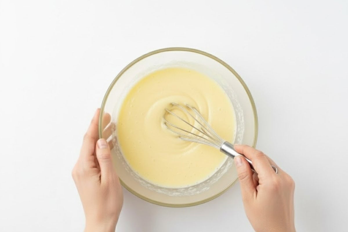 While the base bakes, whisk the eggs, sugar, lemon juice, and flour until smooth and combined