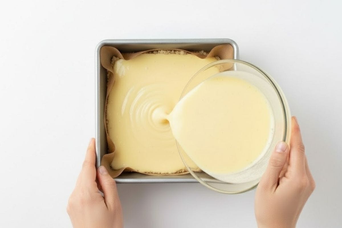 Once crust is done, give the filling another whisk. Pour it over the warm crust to help the layers bond beautifully.