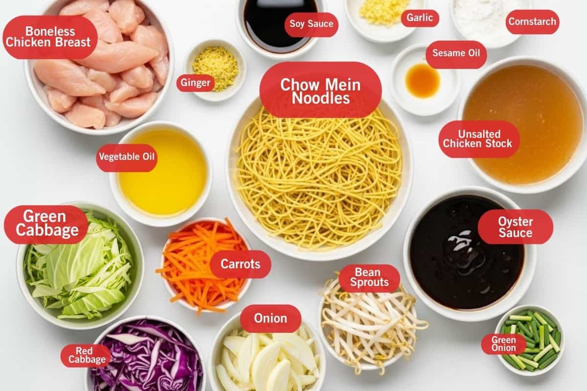 Flat lay photo of ingredient shot of 
boneless chicken breast, ginger, soy sauce, garlic, cornstarch, sesame oil,  vegetable oil, chow mein noodles, unsalted chicken stock, green cabbage, carrots, onion, bean sprouts, oyster sauce, red cabbage, green onions