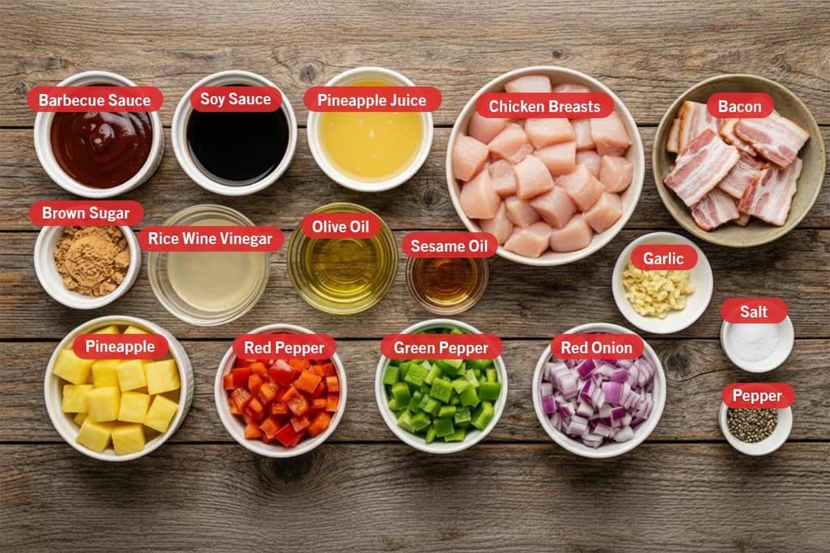 Top shot of ingredients: barbeque sauce, soy sauce, pineapple juice, chicken breast, bacon, brown sugar, rice wine vinegar, olive oil, sesame oil, garlic, salt, pineapple, red pepper, green pepper, red onion, and pepper.