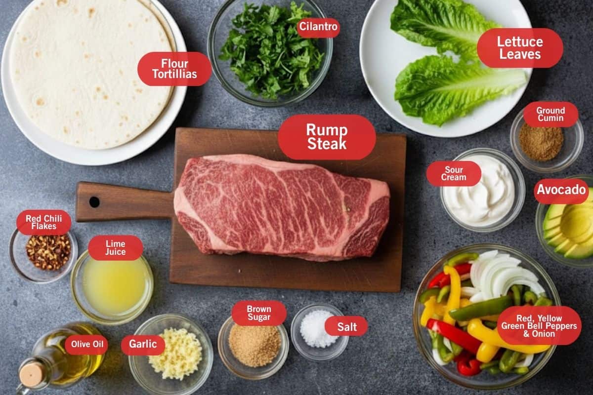 Flat lay photo of ingredient shot of flour tortillas, cilantro, lettuce leaves, rump steak, sour cream, ground cumin, avocado, red yellow and green peppers and onions, salt, brown sugar, garlic, olive oil. lime juice, red chili flakes
