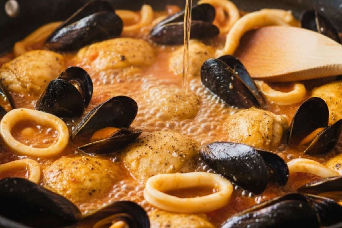 Toss in mussels and calamari, then pour in the wine and let simmer.
