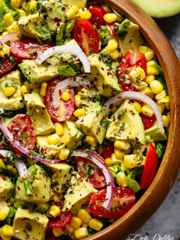 Avocado Corn Salad in wooden bowl