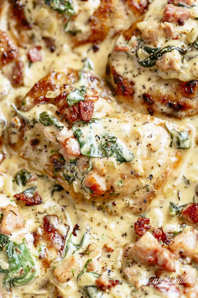 Chicken in a creamy garlic Dijon sauce with bacon and spinach! Low carb! | cafedelites.com