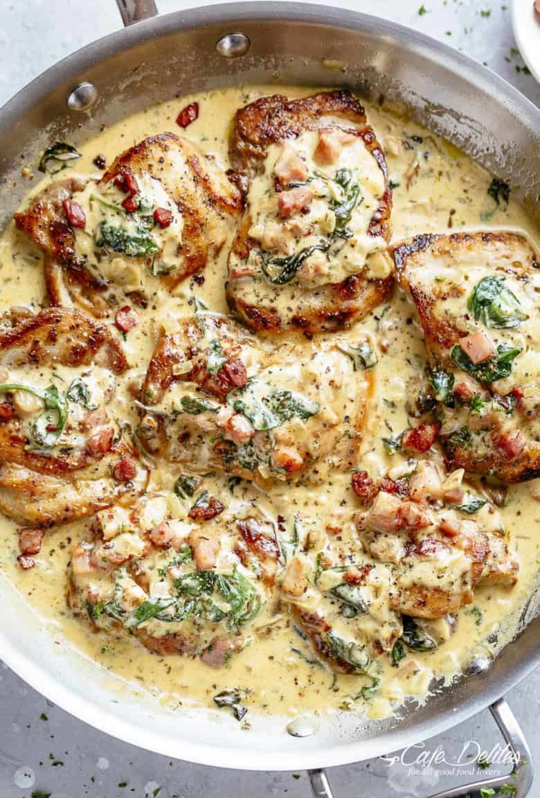 Creamy Dijon Chicken with Bacon and Spinach | cafedelites.com