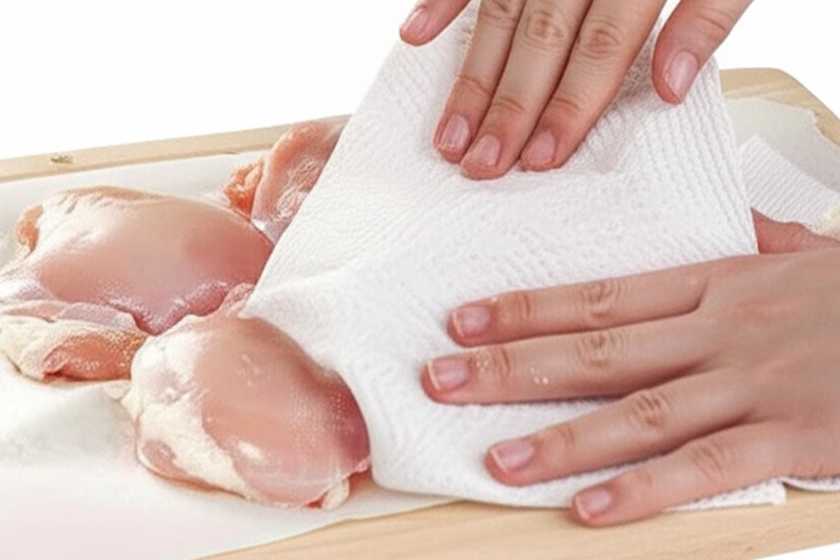 Patting the chicken thighs dry with paper towel.