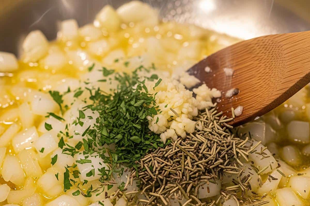 Melted butter with onion, garlic, parsley, thyme, and rosemary.