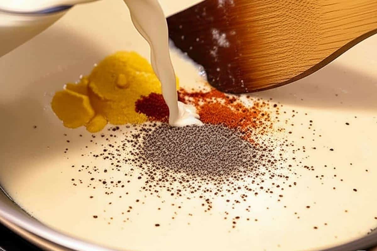 Stirring in the cream, Dijon mustard, bouillon powder, and pepper.