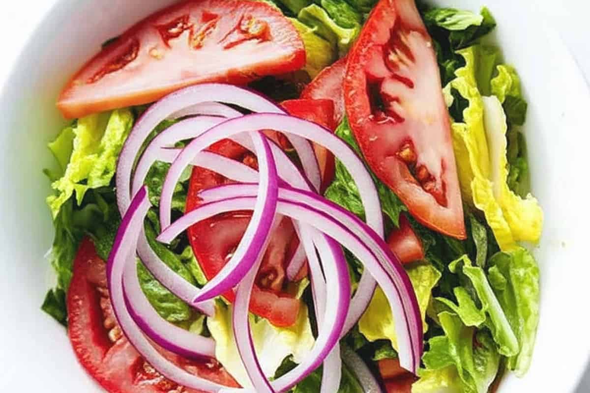 Sliced tomatoes, shredded romaine lettuce, and thinly sliced red onion in a bowl.