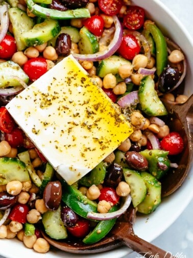 Greek Chickpea Salad with an authentic greek salad dressing in a bowl