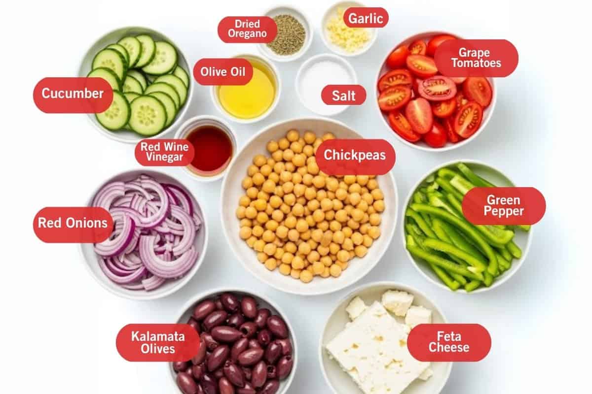 Flay lay of ingredient shot of cucumber, dried oregano, garlic, olive oil, salt, grape tomatoes, green pepper, feta cheese, kalamata olives, red onions, red wine vinegar