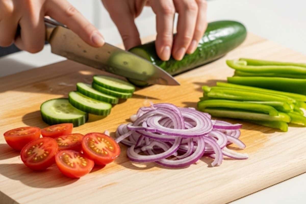 Slice the cucumber, grape tomatoes, red onions, and green pepper.