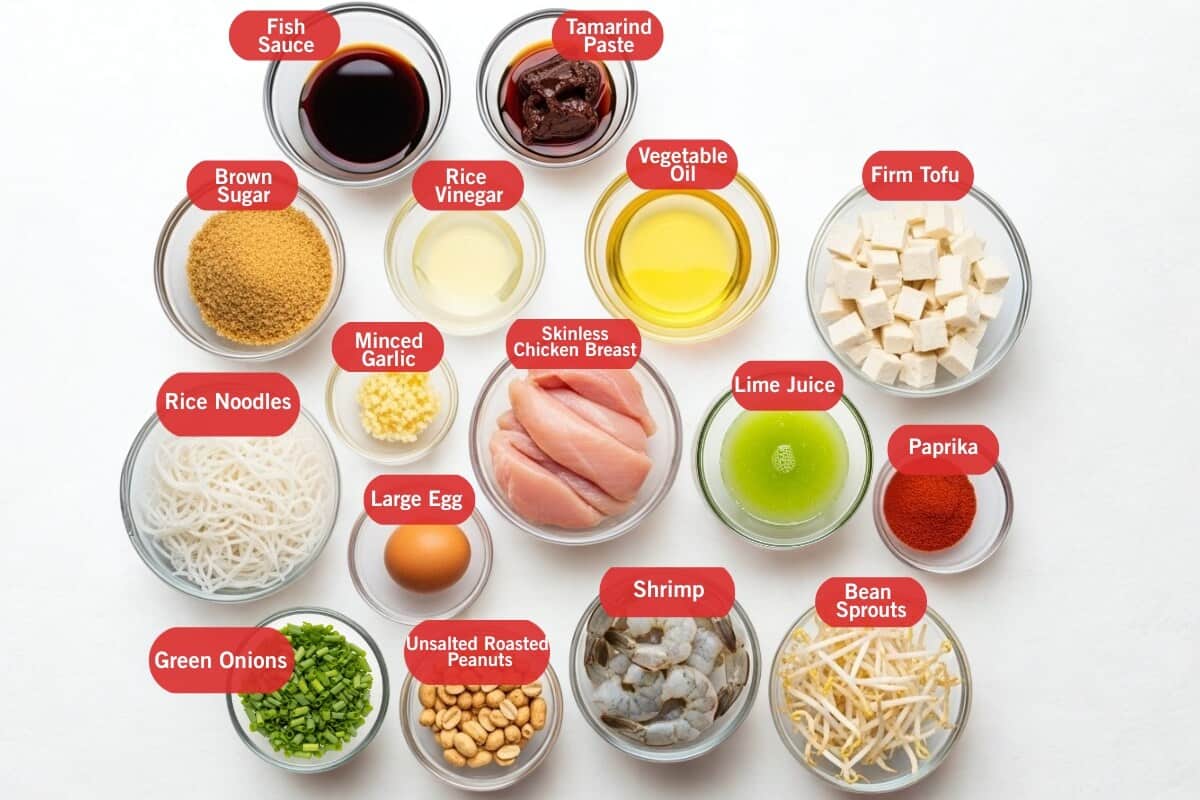 Flay lay photo of the ingredients for Pad Thai