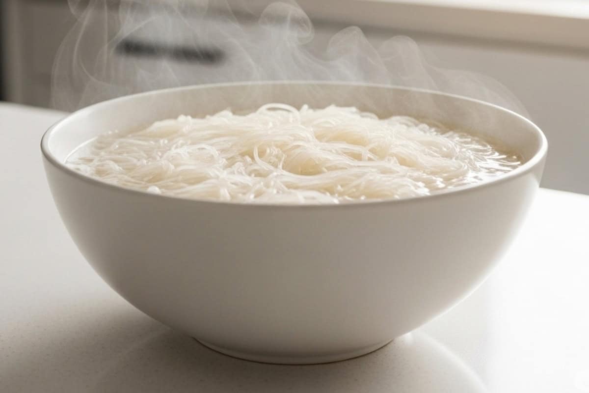 Place the rice noodles in a large bowl and cover it with water