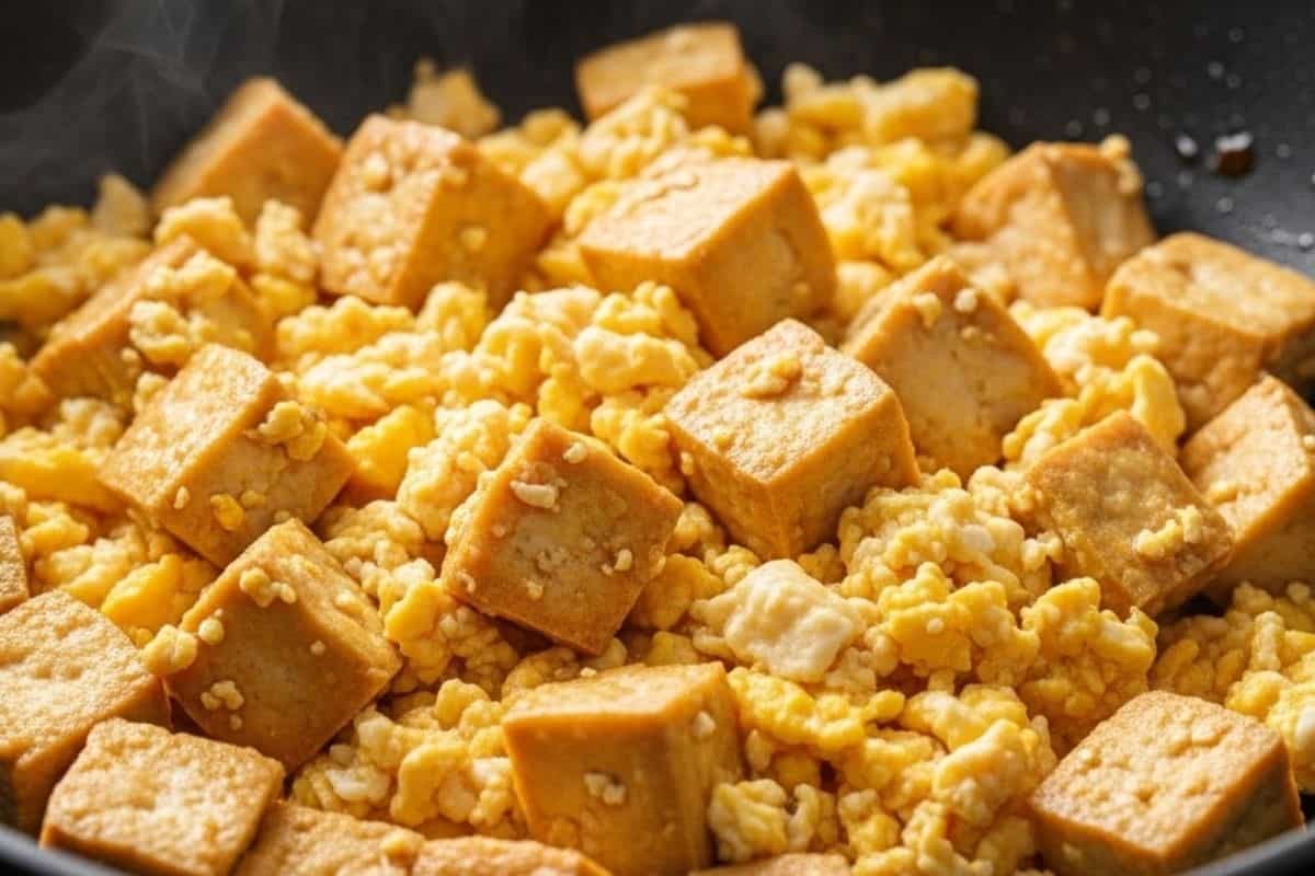 Cook the tofu and scrambled egg in the wok