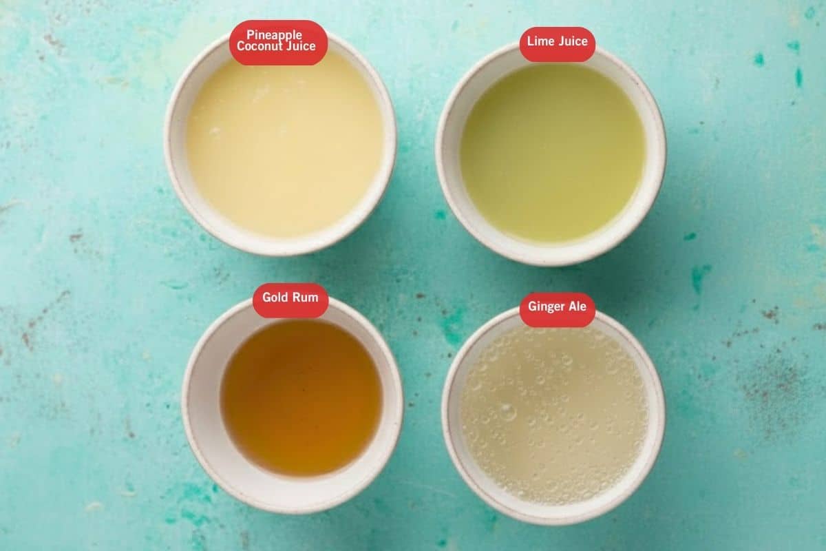 Flat lay photo of pineapple coconut juice, lime juice, gold rum, ginger ale - 2