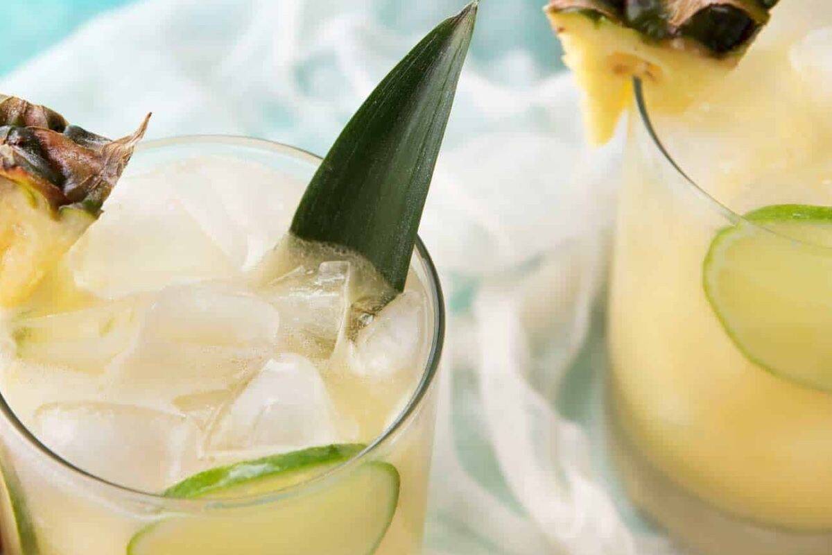 Fill two glasses with ice and divide the mixture between them. Top with ginger ale, stir gently, and finish with pineapple wedges, lime slices, and a pineapple leaf. - 4